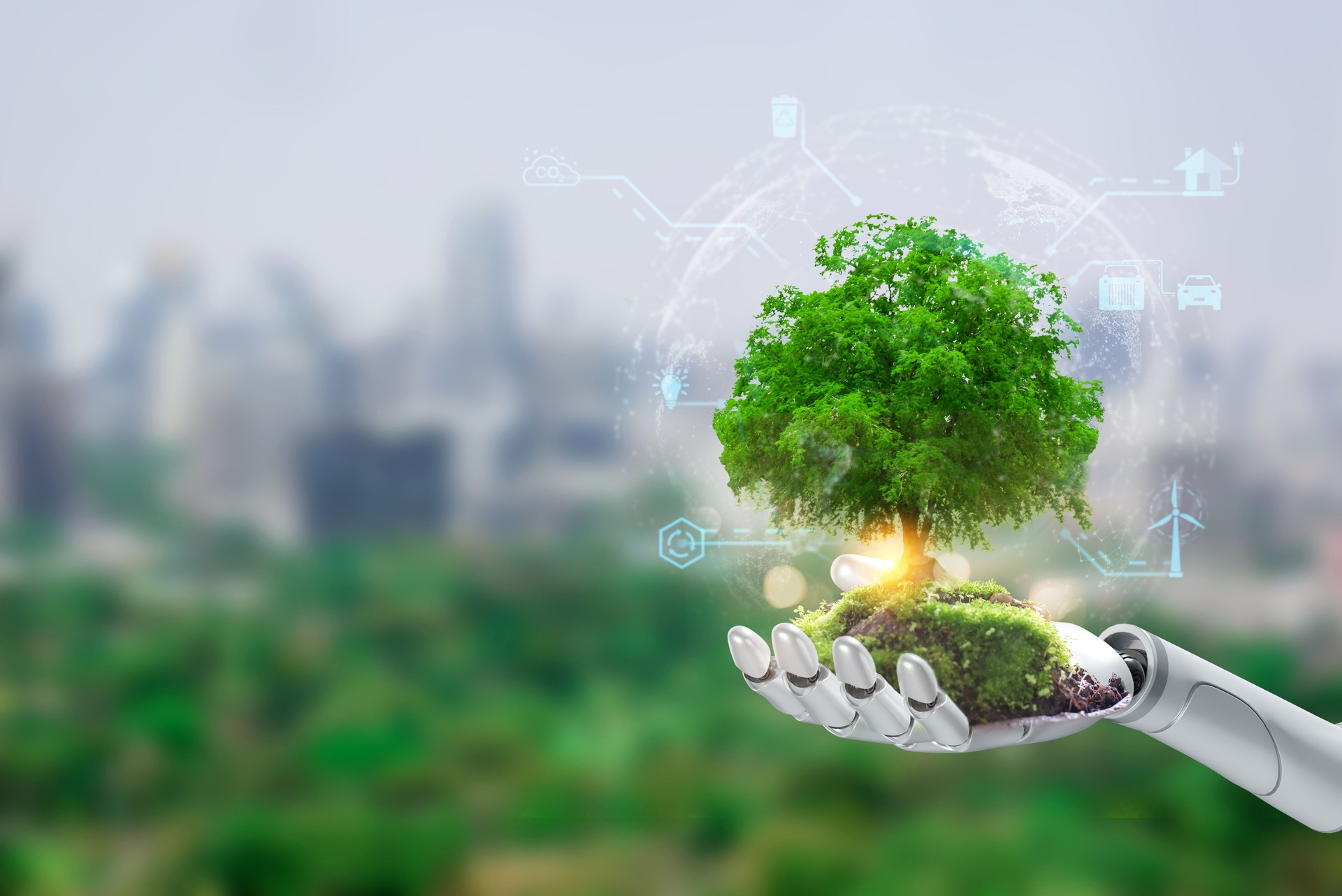 Robot Hand Holding Tree in Eco City